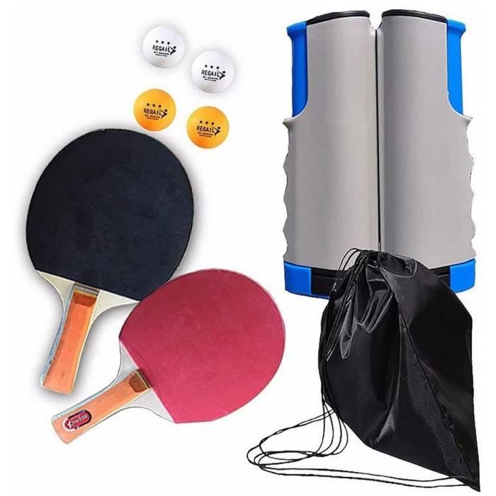 Set de tennis de table filet de ping-pong rétractable + 2 raquettes + 4 balles + sac - bleu gris