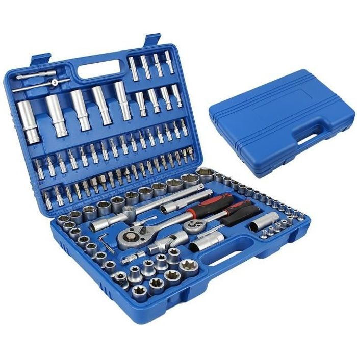 Coffret Clé à Cliquet et Embouts, Jeu de Clés à Douille, 108 pièces, avec une mallette bleue, Dimensions: 38,5 x 27 x 8,5 cm