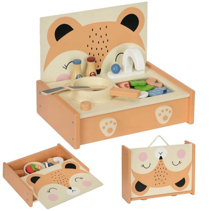 Mini-cuisine en bois - AIYAPLAY - jouet enfant motif renard 12 accessoires - poêle spatule condiments fruits légumes - pour 3-5 ans