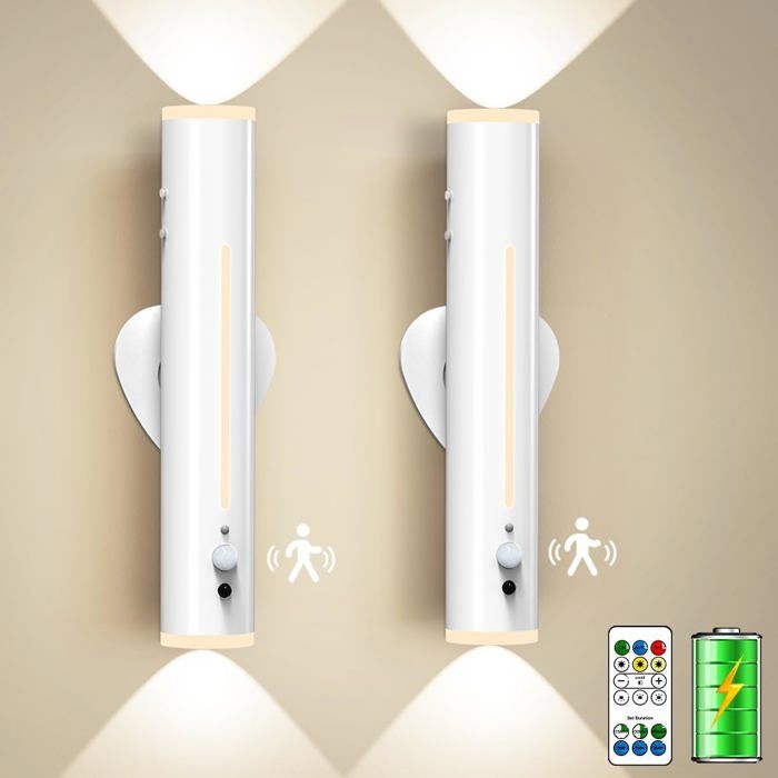 Applique Murale Intérieure Sans Fil 2 PSC Lampe LED Detecteur Mouvement Rechargeable Magnetique Métal Télécommande