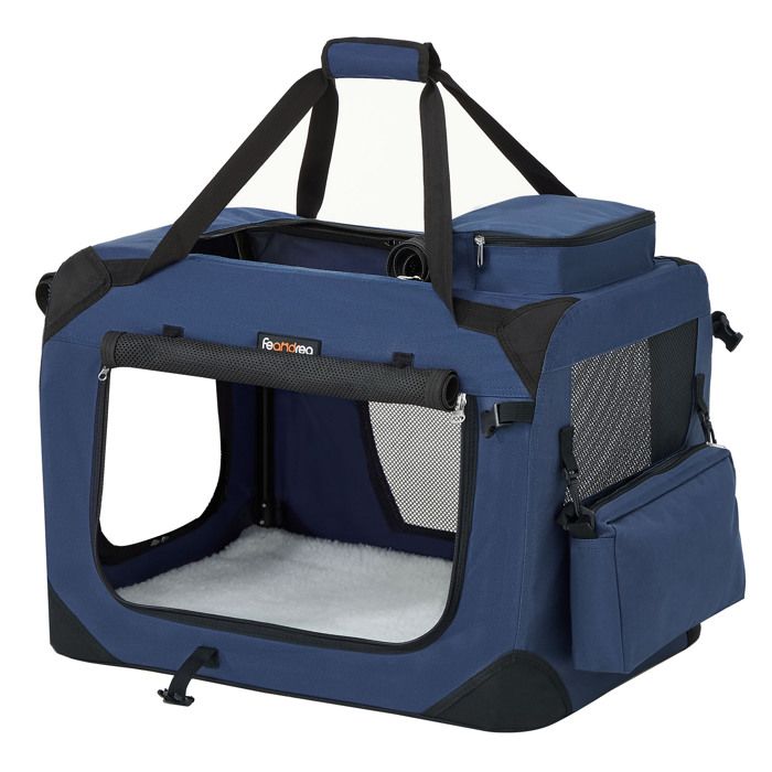 Sac Transport Chat Chien Taille M Tissu Oxford Portable Cadre en Métal avec Poignées et Pochettes 60 x 42 x 42 cm Bleu Foncé