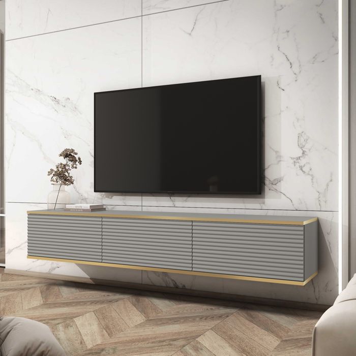 Meuble TV Banff 175 Cm – Façade Beige Lisse Et Chêne Artisan – Pieds Métal Noir – 3 Compartiments – Système Push-to-open - 9