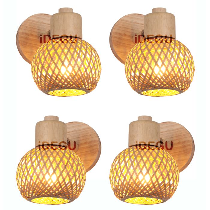 iDEGU 4x Applique Murale Vintage Lampe Murale Indutsriel Abat-jour en Bambou et Bois Design Rond Lustre Reglable pour Couloir Salon
