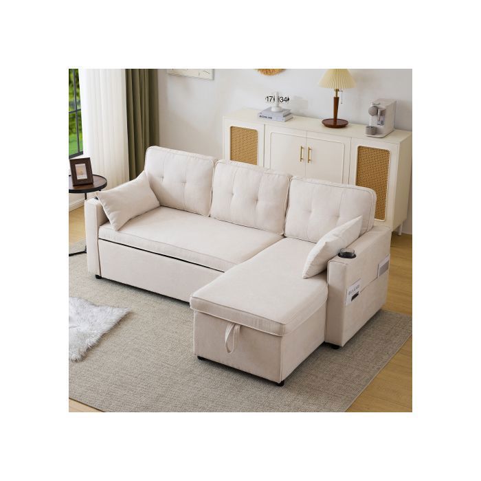 Canapé dangle- en L-3 places -avec porte-gobelet-rangement et lit gigogne-en Cotton Lin-211x 130 x 86 cm