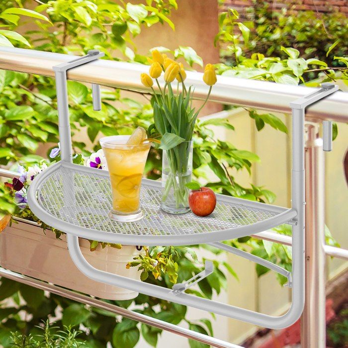 Table Suspendue Pour Balcon Réglable 3 Niveaux - Plateau 53x40cm Avec Porte-Verre - Idéale Terrasse & Petit Espace