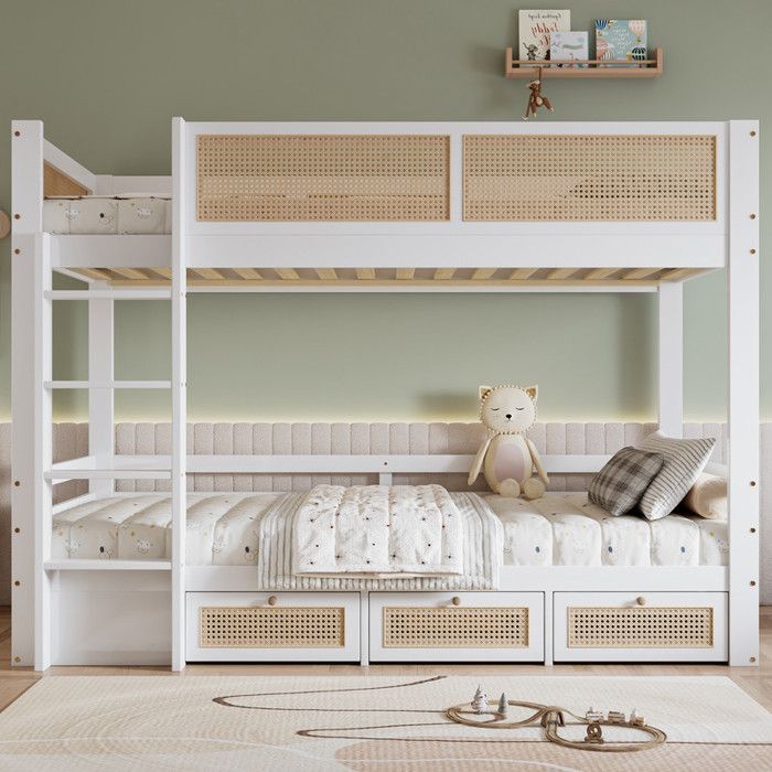 Lit Superposé pour Enfant Belle Clôture en Rotin Tressé 3 Tiroirs avec Roulettes Sommiers à Lattes