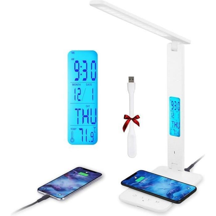 Lampe de bureau LED avec Charge sans fil Angle Réglable Contrôle tactile - 3 modes déclairage - Affichage LCD - LED offert