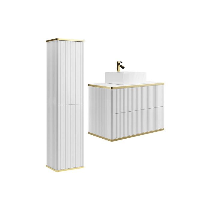 Meuble de salle de bain suspendu strié avec vasque à poser carrée et colonne - Blanc - 80 cm - KELIZA