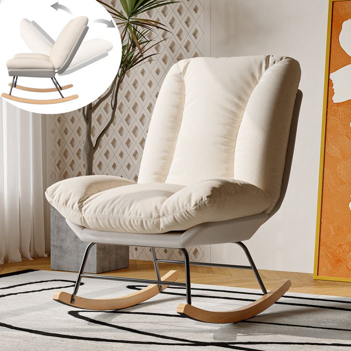 Fauteuil à Bascule - LUMINARIX - Rocking Chair - Dossier réglable - Bois Massif - Tissu Beige
