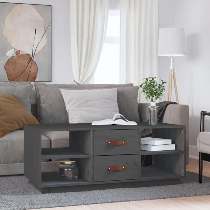 Table basse campagne rustique gris en pin massif tiroir de rangement 100 x 50 x 41 cm pour salon