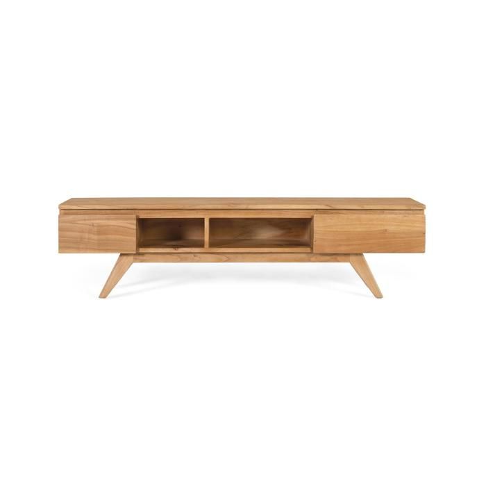 Meuble TV en bois massif - 150x35x40 cm - Style scandinave - Compartiments centraux - Modules latéraux fermés Meuble TV en bois massif - 150x35x40 cm - Style scandinave - Compartiments centraux - Modules latéraux fermés