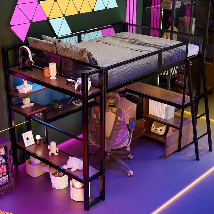 Lit mezzanine gaming en métal 140 x 200 cm avec Bureau lit superposé avec Éclairage LED lit enfant avec Espace de Rangement noir Lit mezzanine gaming en métal 140 x 200 cm avec Bureau lit superposé avec Éclairage LED lit enfant avec Espace de Rangement noir