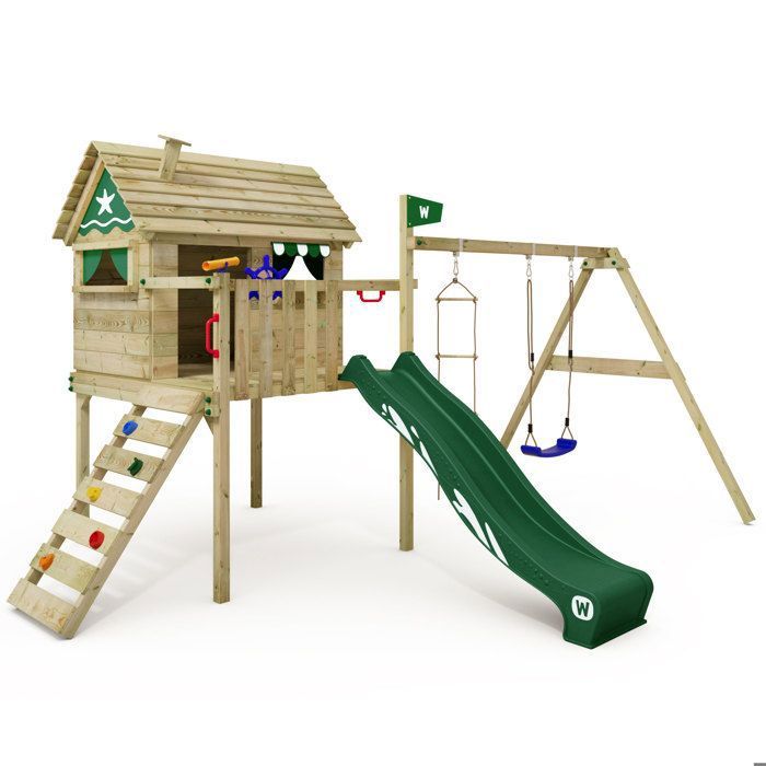Maison sur pilotis bois WICKEY Smart Travel avec toboggan 220 cm vert et balançoire – 10 ans de garantie*