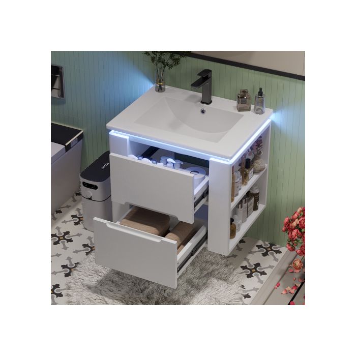 Meuble de salle de bain mural - VVBV - 61 x 46 x 485 cm - Laqué blanc - Vasque céramique intégrée - Éclairage LED détecteur