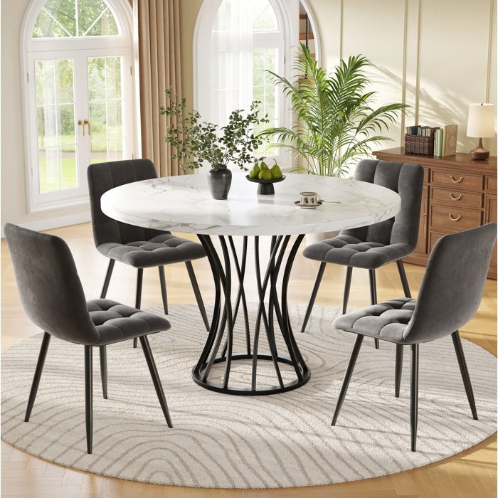 Ensemble table et chaises 5 pièces. 4 chaises de salle à manger en velours+1 table. cuisine/salon. gris+blanc