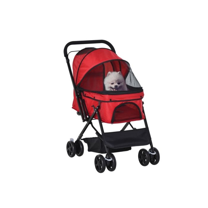 Pet Stroller Dog Travel Pushchair Foldable Jogger with Reversible Handle EVA Wheel Brake Basket Adjustable Canopy Safety Leash Red
