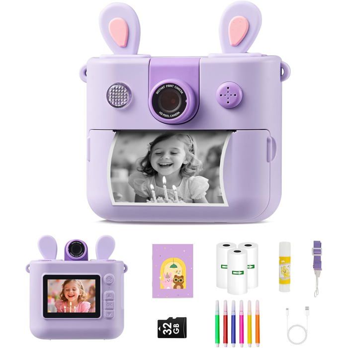 Appareil Photo Instantané Enfant 1080P – Écran 2,4 Pouces, Vidéo Selfie, Carte 32 Go Et Papier Inclus – Cadeau 3-12 Ans (Bleu)