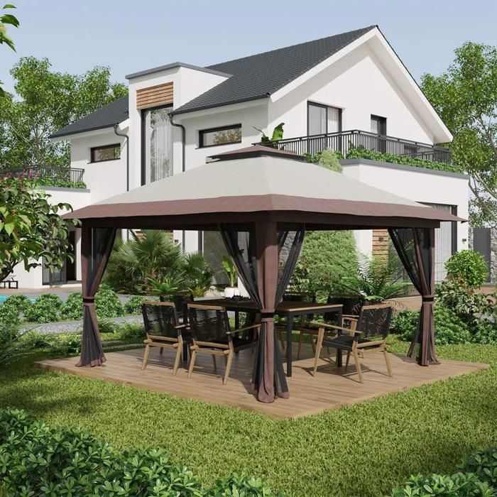 Tonnelle pliante 4x4m hauteur réglable protection UV et rideaux voilages double toit beige pour les fêtes au jardin