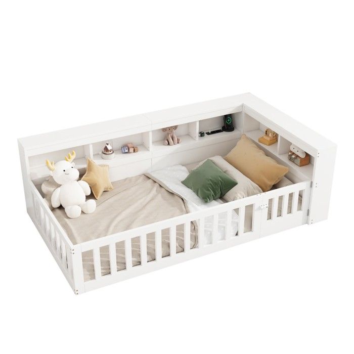 Lit Méridienne 90x200cm avec Chevet Rangement Prise USB Blanc(sans Matelas)
