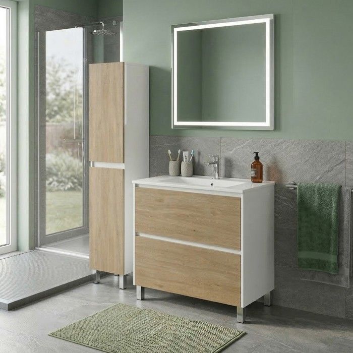 Ensemble meuble vasque L.100cm + 1 colonne sur pied Blanc laqué 2 tiroirs Chêne naturel LISBONA Ensemble meuble vasque L.100cm + 1 colonne sur pied Blanc laqué 2 tiroirs Chêne naturel LISBONA