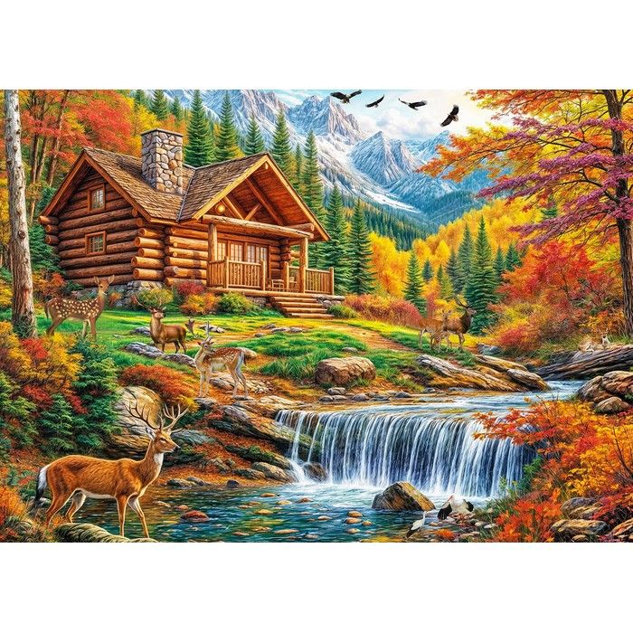 Puzzle 1000 pièces - HUADADA - Cerf dans la forêt avec cabane - 70 x 50 cm - Papier recyclé - Poster antireflet