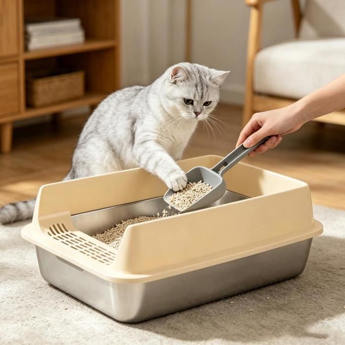 OHMG-Bac À Litière Pour Chat En Inox (Grande Taille)-Avec Pelle À Chat-Facile À Nettoyer-Rainure Profonde-Preuve De Fuite-Marron