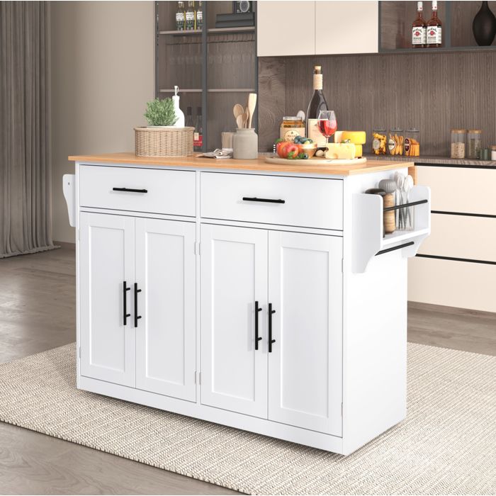Desserte de cuisine 120 x 46 x 915 cm avec plateau rabattable 2 tiroirs 4 portes roulettes blanc et naturel