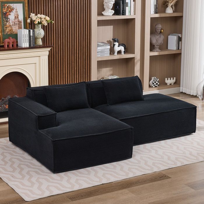 Canapé fixe textile noir 2 places 235 cm 2 coussins polyester style moderne pour petit espace