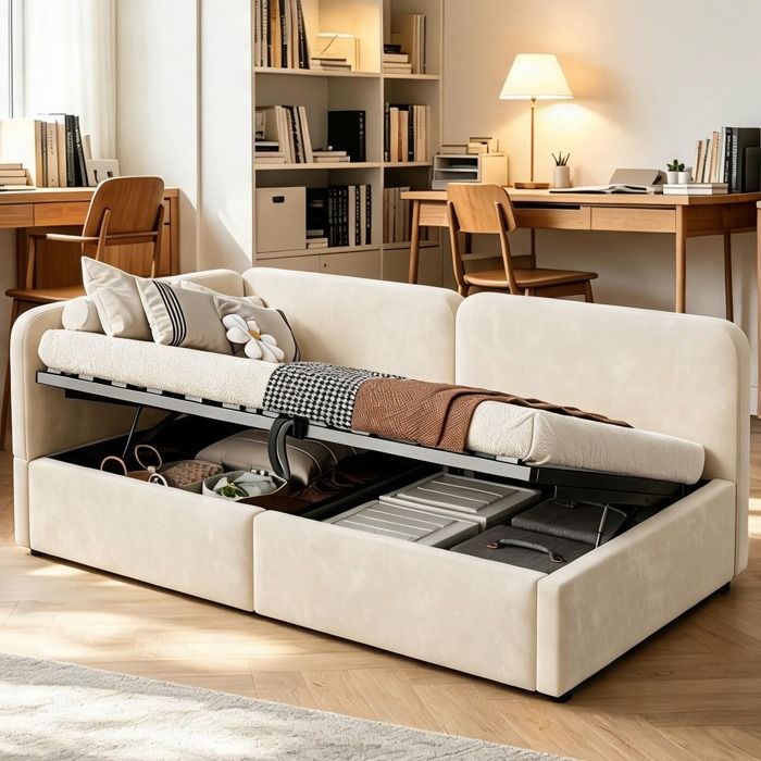 Canapé-lit en velours beige 90x200 avec coffre hydraulique idéal pour chambre denfant ou dadulte