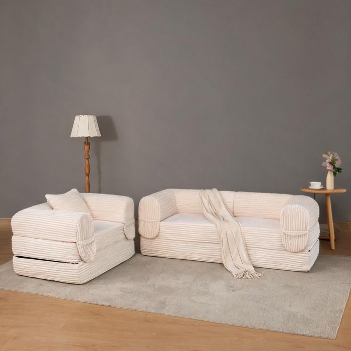 Canapé modulable beige en velours côtelé assise épaisse sans cadre salon et chambre – lot 1 place + 2 places