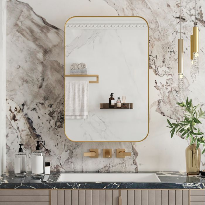 Armoire Miroir Rectangulaire Or Cabinet Mural Moderne FloraGrace Pour Salle De Bain Rangement Gain De Place 76x51x12cm