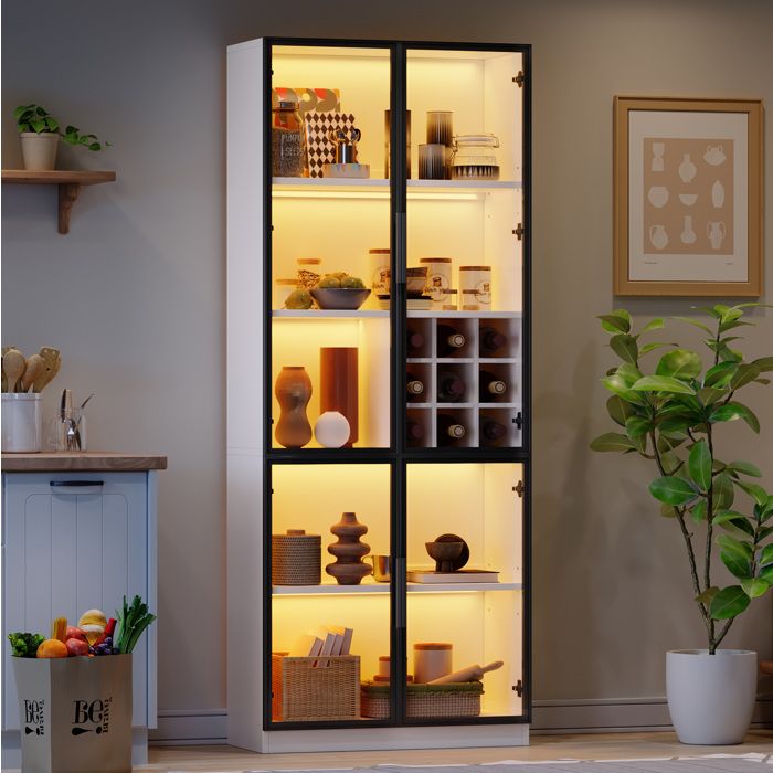 Vitrine 2 Portes Vitrees Blanche Buffet Haut LED FloraGrace Pour Salon Ou Cuisine Avec Casier A Bouteilles 80x35x200cm
