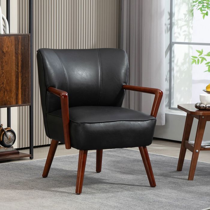 Chaise accoudoirs assise rembourrée pieds en bois revêtement en cuir synthétique chaise d’accent élégante