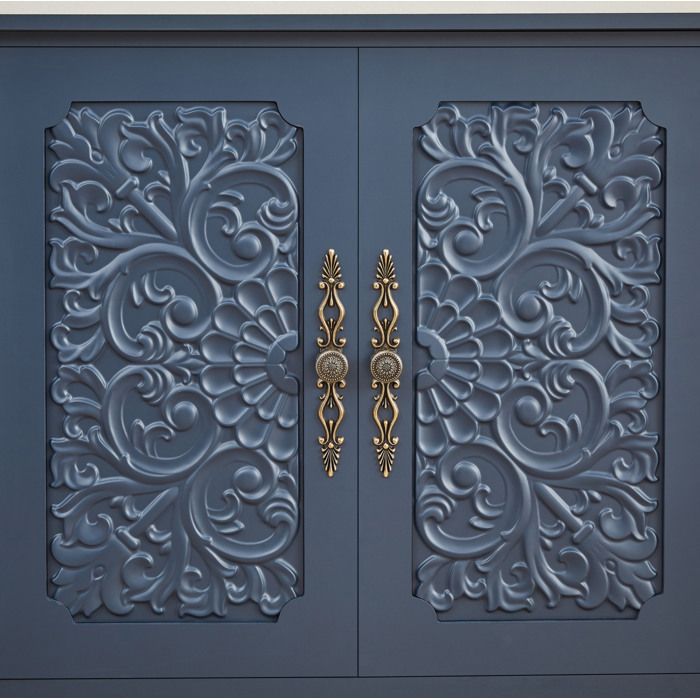 Buffet bas rétro EVRYAE 160 x 40 x 89 cm avec relief sculpté et grand rangement bleu marine