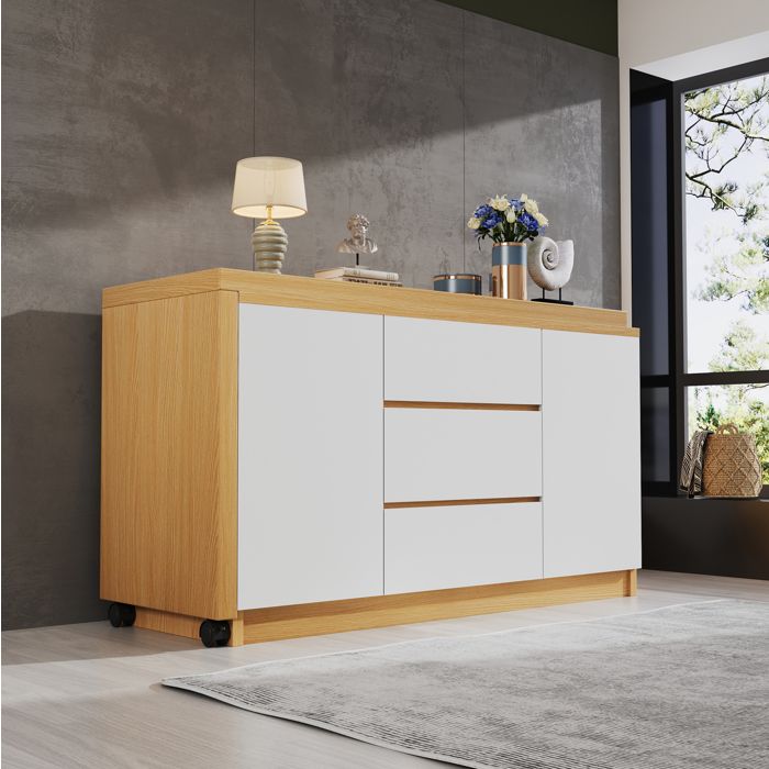 Bureau pliant rotatif 360° AESVAR 120 x 50 x 765 cm avec roulettes freinées 2 portes 3 tiroirs blanc et chene