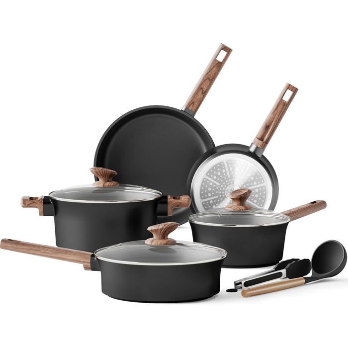 Batterie Cuisine Céramique Induction 10 Pièces Poêles Et Casseroles Aluminium Antiadhésives Granit Couvercles Verre