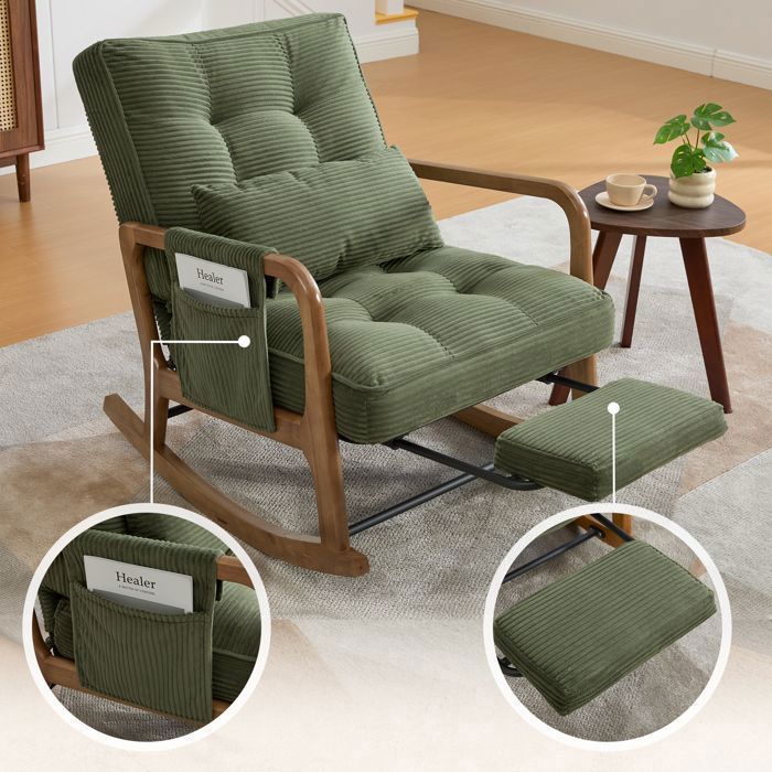 Fauteuil À Bascule Velours Côtelé Vert 70x80x92cmRepose-pieds Poches Latérales Et Coussin Lombaire Pour Salon Chambre Et Enfant