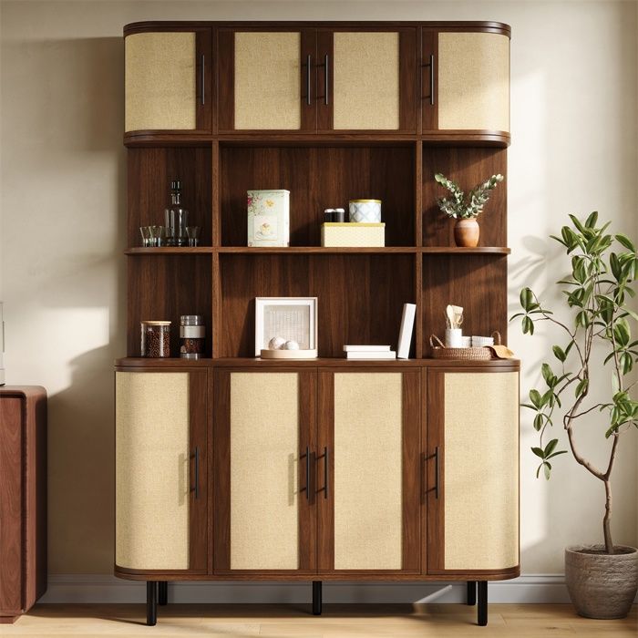 Buffet haut - Sideboard - Grand Vaisselier Buffet Haut - 8 Portes Effet Cannage Niches Ouvertes - Pieds Métal Noir - Noyer