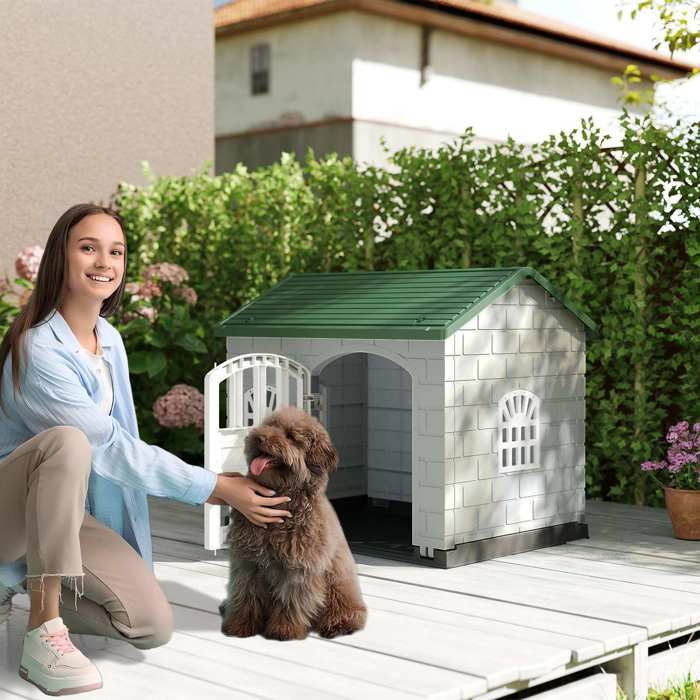 Niche pour chien en plastique porte verrouillable 3 fenêtres et toit incliné abri extérieur pour petits chiens