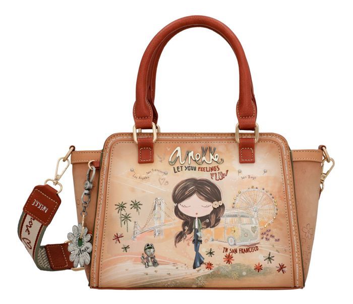 Sac à main - ANEKKE - Bowling Short Handle Bag Peace & Love - Camel/Multicolore - Synthétique - Bandoulière amovible