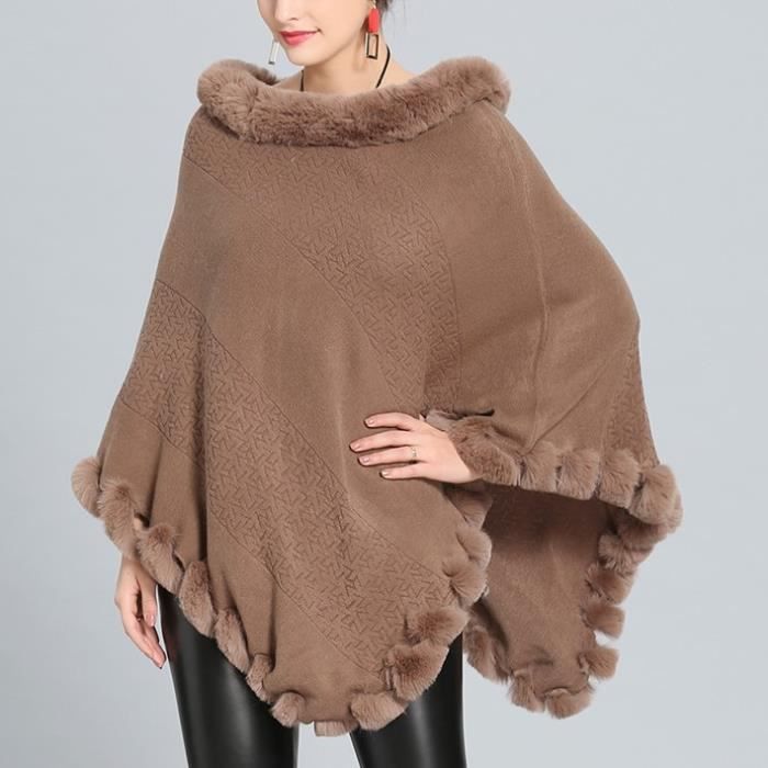 Poncho Femme en Fourrure Fausse avec Boule de Poils Manteau de