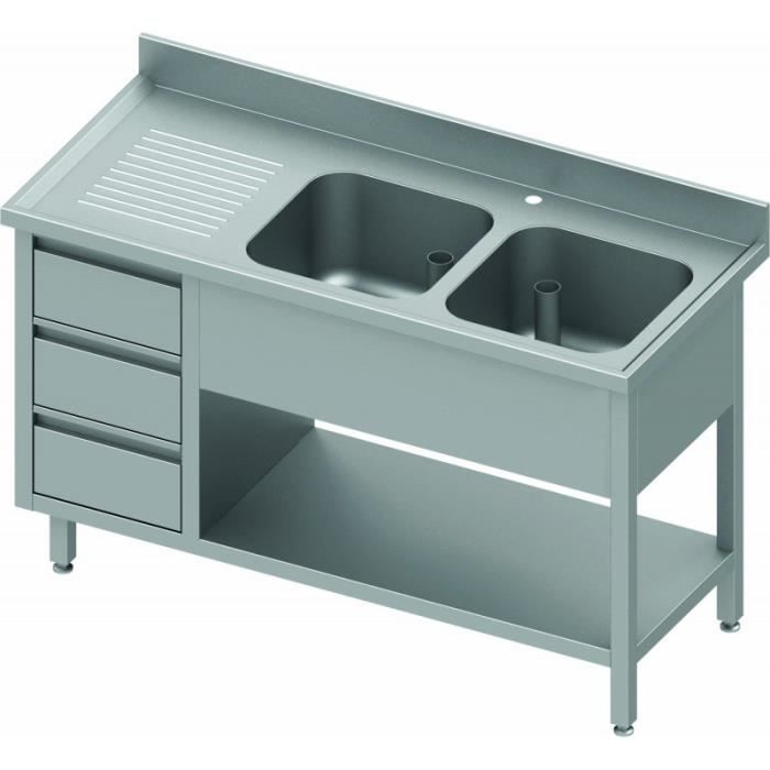 meuble inox double evier profondeur 700 etagere et 3 tiroirs stalgast 1800x700 2 bacs a droite cdiscount maison