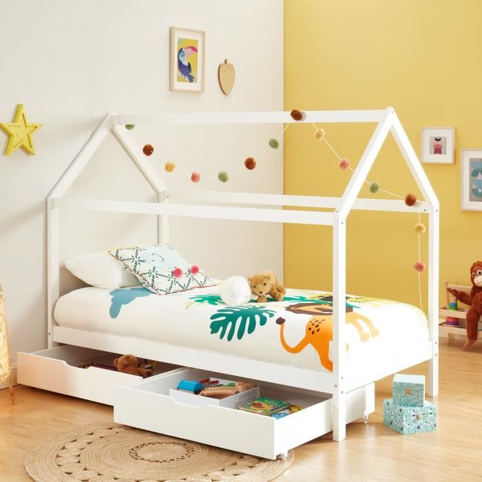 Lit cabane avec tiroirs - BAÏTA - Gamme TINY - Pin massif blanc - 90 x 190 sommier inclus Lit cabane avec tiroirs - BAÏTA - Gamme TINY - Pin massif blanc - 90 x 190 sommier inclus
