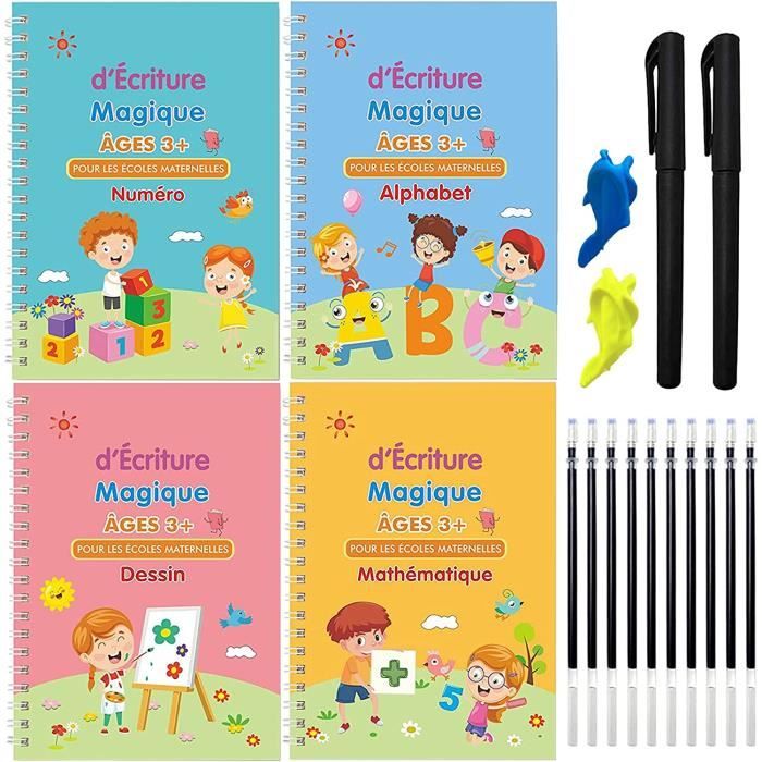 Graphi-Magique - Lot de 4 Cahiers magiques d'écriture pour enfant:  alphabet, numéro, mathématique et dessin