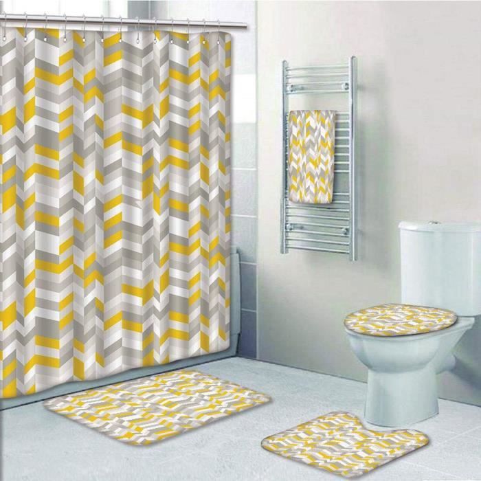 Ensemble Salle De Bain 4 Pièces - Rideau Douche + Tapis + Contour WC + Housse - EVA & Flanelle - Multi-Styles