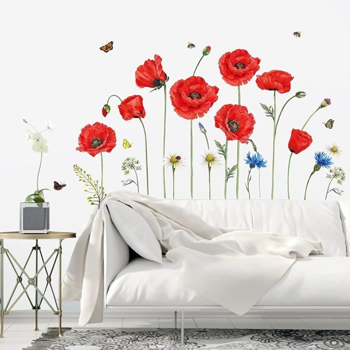Autocollants muraux fleurs rouges en PVC, 110x70cm, décoration de chambre à  coucher, papillon, pour la maison - AliExpress
