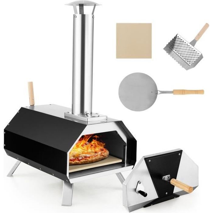 COSTWAY Four à Pizza Extérieur Pierre à Pizza 305cm Foyer SéparéPelle Pare-feuPieds PliablesCheminée AmovibleThermomètre