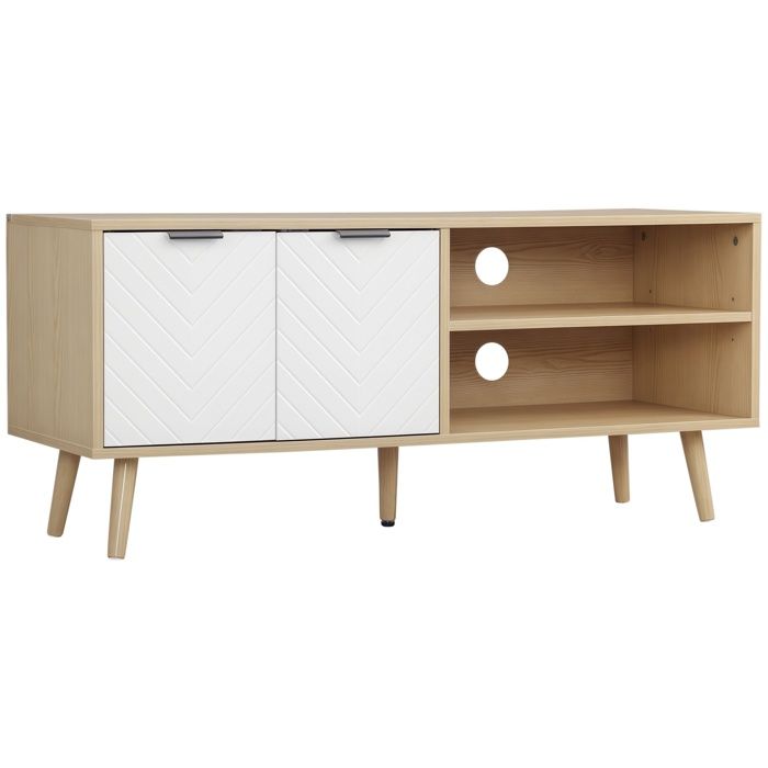Meuble tv - HOMCOM - banc télévision jusquà 46 pouces design scandinave 2 portes 2 niches passe-câbles - 110x39x48 8cm