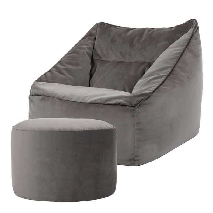 Pouf Poire Géant XXL 95x95x120cm Avec Repose-Pieds - Velours Doux Gris - Remplissage Perles - Salon/Chambre