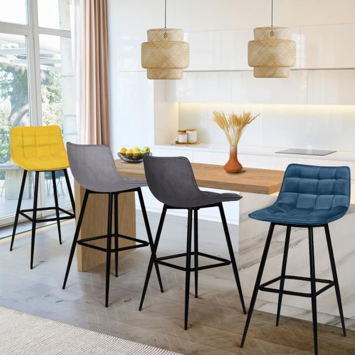 IDMARKET Lot de 4 tabourets de bar MADY en velours mix color bleu gris clair gris foncé jaune IDMARKET Lot de 4 tabourets de bar MADY en velours mix color bleu gris clair gris foncé jaune
